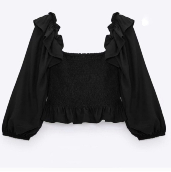 ZARA Smocked peplum top in Black. Size M - Picture 4 of 12